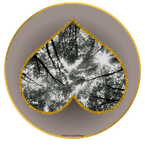 An upside down heart with a blackened forest inside it sits within a gold frame and grey background.