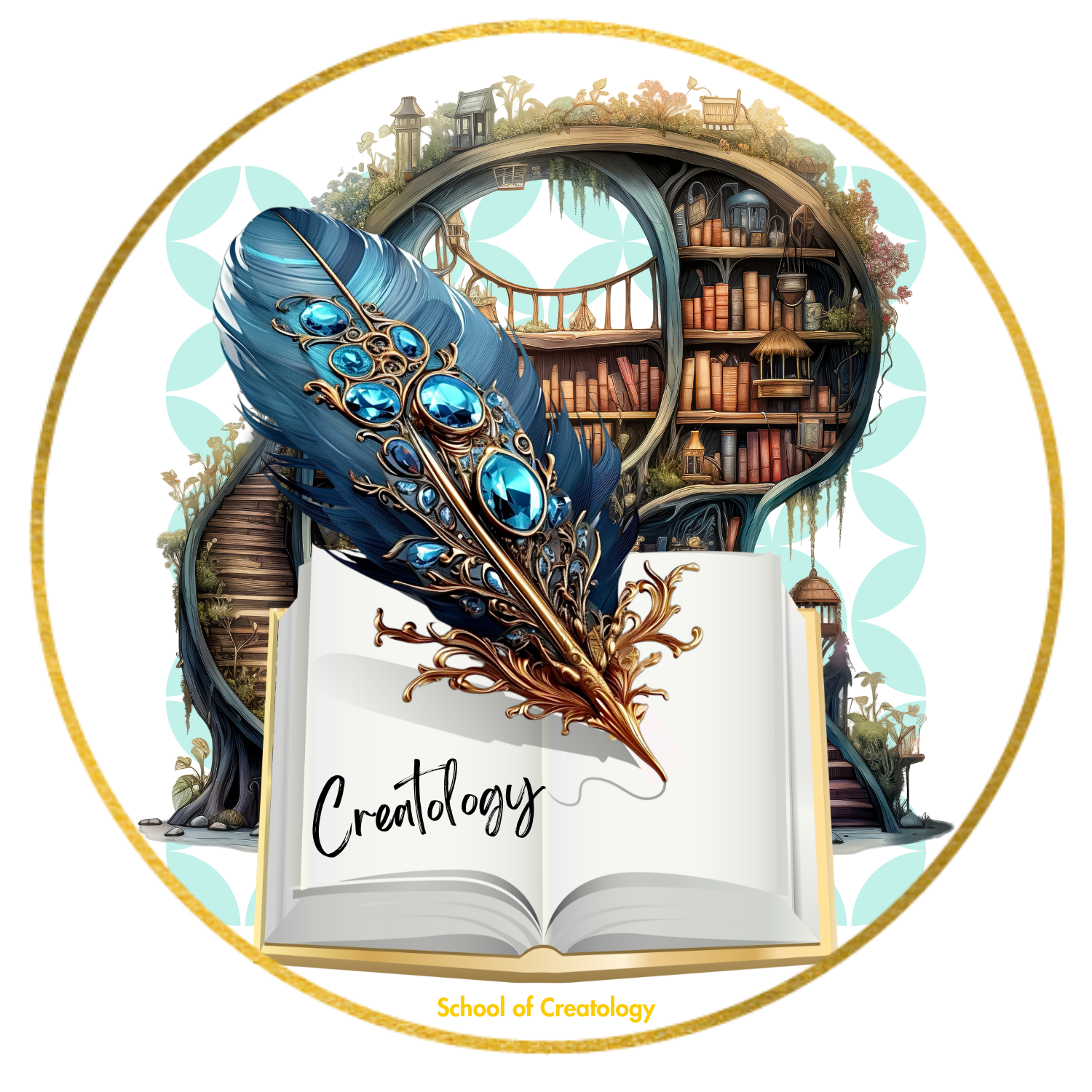 A quilled pen writes the word Creatology in a gold, open book in a magical library. 